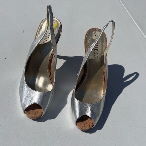 Guess Silver Peep-Toe Slingback Heels - Picture 3 of 7